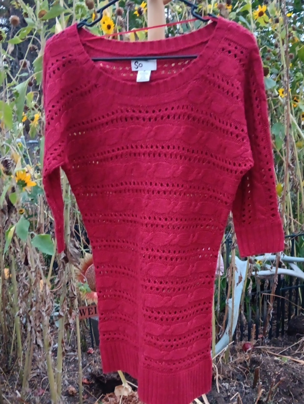 SO Deep Raspberry Open-Knit Scoop Neck Sweater